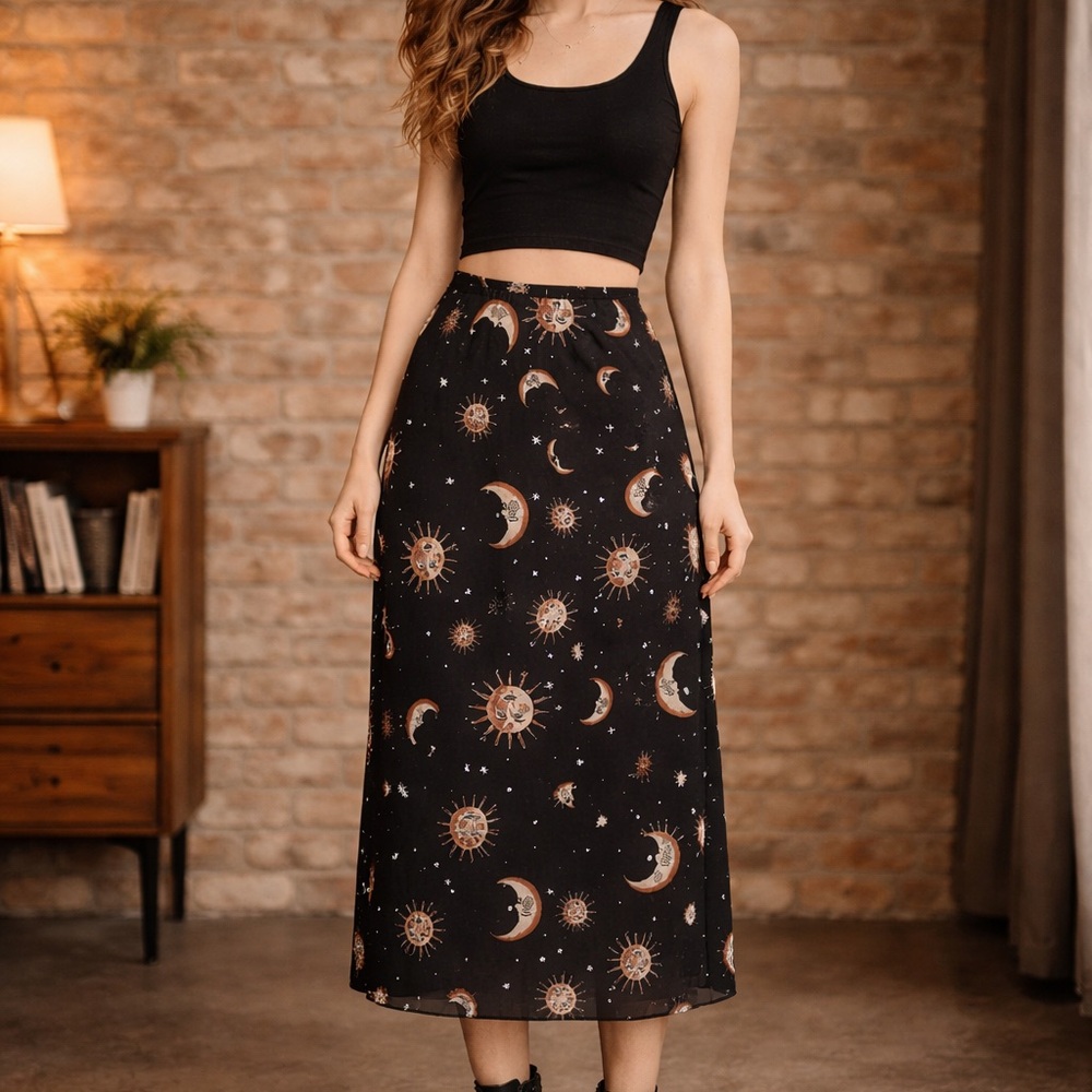 Celestial Moon & Sun Black Midi Skirt Witchy Boho Fairycore